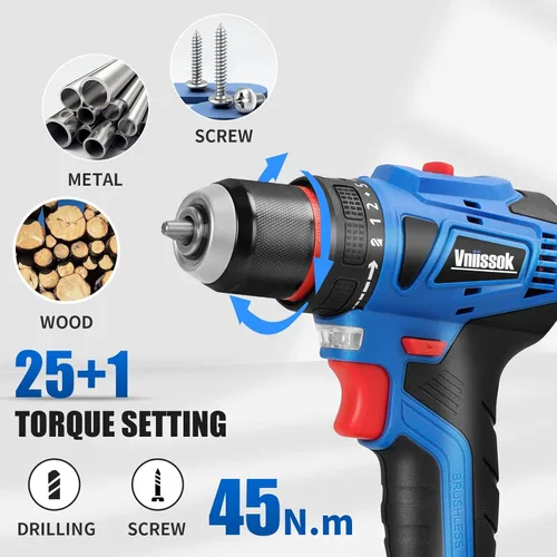 Miniatura 2 de Vniissok Juego de taladro inalámbrico, destornillador de impacto eléctrico sin escobillas de 18 V con batería y cargador, portabrocas sin llave