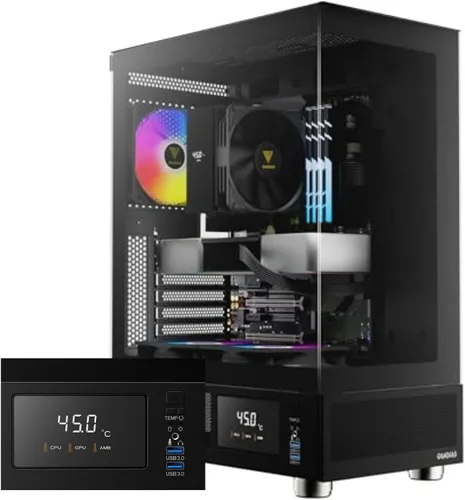 GAMDIAS ATX Caja de Computadora de Torre Media con Vidrio Templado, Caja de PC para Juegos con Pantalla LCD de Temperatura y 3 Ventiladores ARGB de