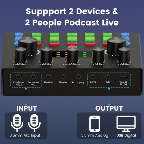 Miniatura 6 de Brvomussy Paquete de equipo de podcast para 2, interfaz de audio con micrófonos condensadores con cambiador de voz para jugadores, mezclador