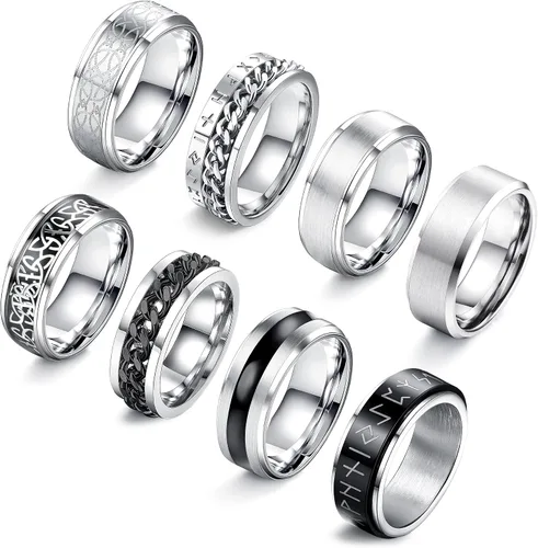 JeryWe 8 anillos de acero inoxidable para hombre, altamente pulido, anillos giratorios vintage, anillos giratorios de boda, compromiso, tallas 7-13