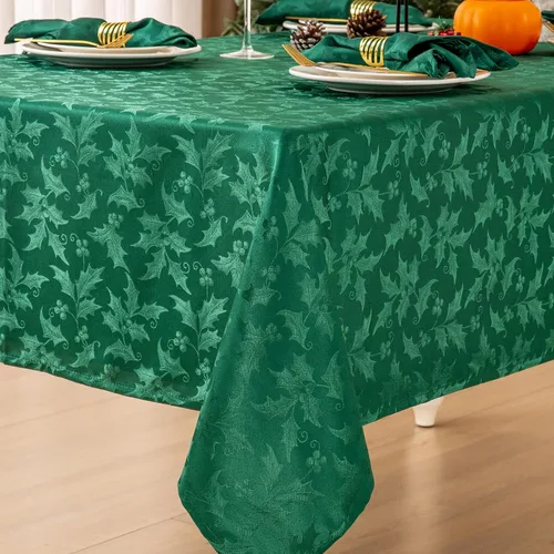 Mebakuk Mantel de Jacquard de Navidad, impermeable, elegante, con patrón floral de damasco, mantel de peso pesado limpiable sin arrugas, Verde