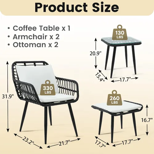 Miniatura 7 de KROFEM - Juego de muebles de ratán para patio de 3 piezas estilo bistró, incluye 2 sillas de ratán y mesa con tapa de vidrio, ideal para porche
