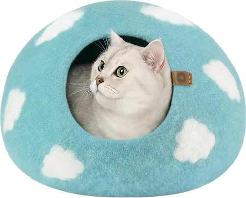 Miniatura 10 de MEOWFIA Cat Cave - Cama de fieltro prémium para gatos de interior, hecha a mano, 100% lana merina, gato (grande, esmeralda)