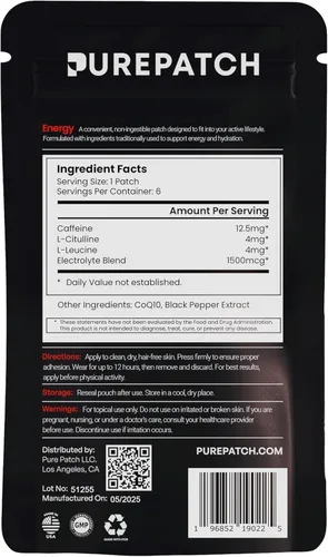 Miniatura 11 de Pure Patch® Energy Patch - Parche tópico inspirado en botánicos con cafeína, aminoácidos y mezcla de electrolitos, formato no ingestible, 30 parches
