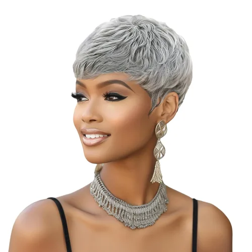 Miniatura 7 de Cabello rizado Pixie para mujer con flequillo para mujer (negro y rizado) Pixie - Pelucas sintéticas en capas, pelucas cortas para mujeres negras