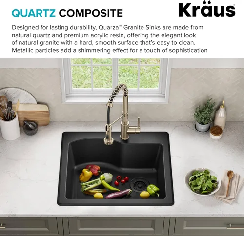 Miniatura 5 de KRAUS Quarza - Fregadero de cocina de granito de instalación empotrada/sobre encimera de un solo seno, 25 pulgadas, color negro, KGD-441BLACK