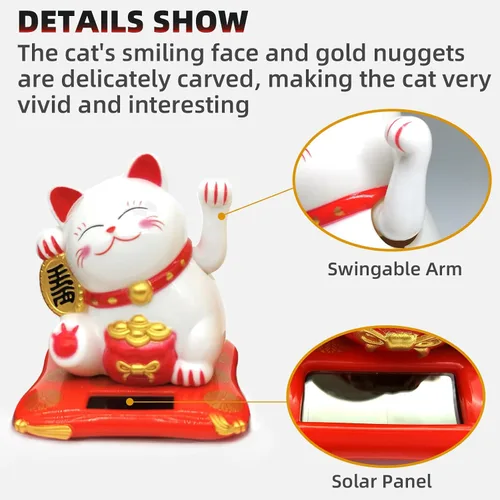 Miniatura 4 de Gato de la Suerte Brazo Ondulado, Gato Chino Vivo y Encantador, Estatua de Gato de la Fortuna Solar para Decoración de Escritorio, Coche, Aperturas