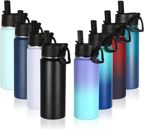 Miniatura 49 de Volhoply Paquete a Granel de 8 Botellas de Agua Aisladas de 18 Onzas, Botellas de Agua de Acero Inoxidable para Niños con Tapa con Pajita, Botella
