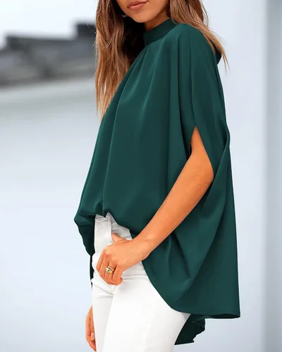 Miniatura 41 de BTFBM Blusas de verano para mujer, cuello alto falso, manga murciélago, holgadas, dobladillo alto y bajo, blusas informales de gran