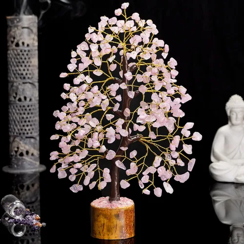 Miniatura 5 de Crocon - Árbol de piedras preciosas de cuarzo rosa y alambre dorado, 10 a 12 in, hecho a mano en la India, árbol feng shui del dinero, prosperidad