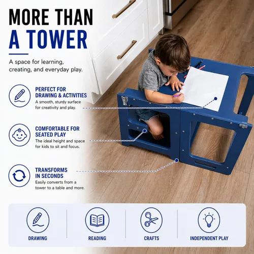 Miniatura 5 de Avenlur Date 4 en 1 Montessori - Taburete plegable de aprendizaje, escritorio, silla y pizarra Madera maciza, extra estable, rieles de seguridad