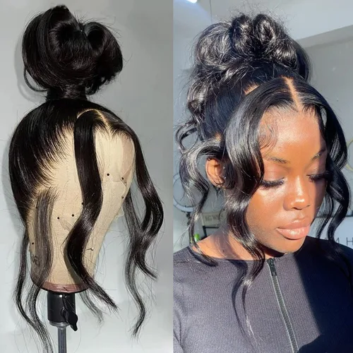 Miniatura 6 de Aaliweya Peluca de encaje frontal 360 HD con encaje frontal 360, peluca de cabello humano para mujer, densidad 180, prearrancada, sin pegamento, 1B