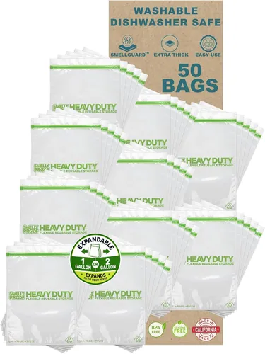 50 x HEAVY DUTY 5mils Thick Dishwasher-Safe STAND-UP Reusable Bags, US-MADE, Extra Durable Washable Reclosable Food Storage Extra Large Bags, XXL