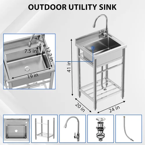 Miniatura 2 de Fregadero de cocina de acero inoxidable, fregadero utilitario de 24 x 20 x 41 pulgadas con grifo extraíble, grifo de agua caliente y fría, cuenco