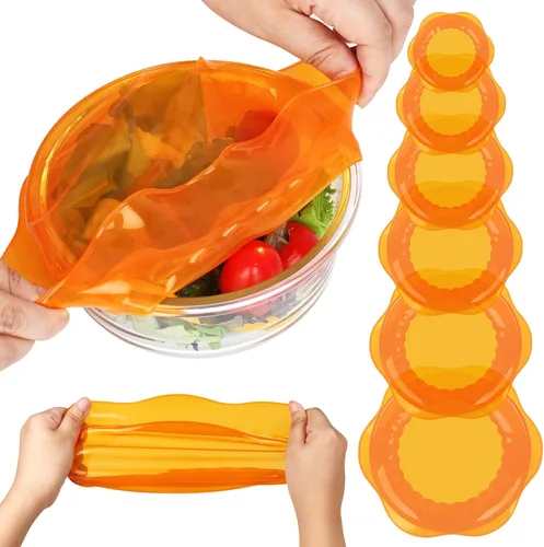 Miniatura 10 de Tapas elásticas de silicona para almacenamiento de alimentos en el refrigerador, fundas elásticas reutilizables para tazas, latas, tarros, 6 piezas