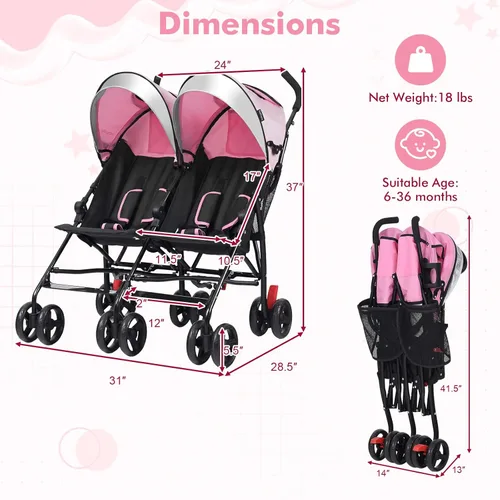 Miniatura 8 de BABY JOY Cochecito Doble con Paraguas, Cochecito de Viaje Ligero Lado a Lado para Gemelos con Gran Almacenamiento, Portavasos, Arnés de Seguridad