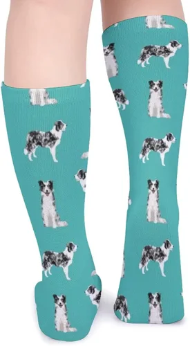 Miniatura 5 de Calcetines deportivos unisex novedosos, Border Collie Blue Merle Dog Turquoise para invierno, cálidos y acogedores, calcetines atléticos casuales