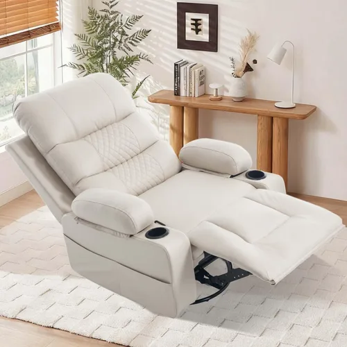 Miniatura 2 de KCQ Rocker - Silla reclinable con calor y masaje, silla reclinable manual de gran tamaño con soporte para tazas, silla mecedora giratoria de piel