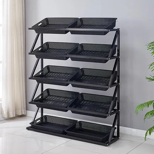 Miniatura 8 de Shelves 4/5 Tier Commercial Supermarket Fruit Rack Vegetable Shelf, Retail Display Rack, Large Capacity Snack Storage Basket for Pantry/Retail Nero