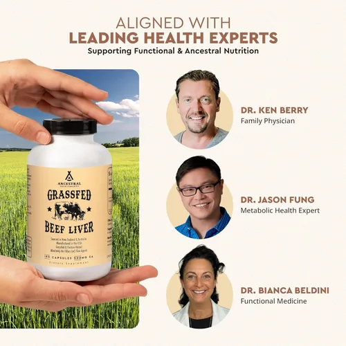 Miniatura 4 de Ancestral Supplements Hígado vacuno alimentado con pastura (disecado). Hierro natural, vitamina A, B12 para energía (180 Cápsulas)