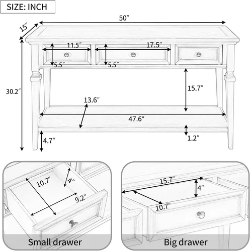 Miniatura 2 de RuiSiSi Mesa consola de granja con 3 cajones y estante inferior, mesa de sofá de madera maciza para sala de estar, comedor, entrada, gris lavado