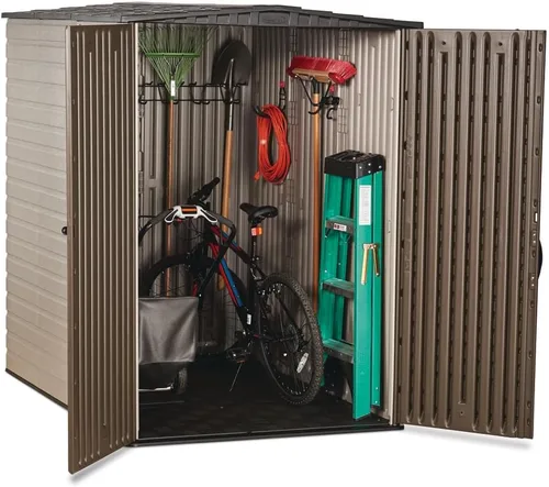 Miniatura 2 de Rubbermaid Cobertizo de almacenamiento vertical grande de resina para exteriores con suelo (5 x 6 pies), resistente a la intemperie, marrón, Marrón