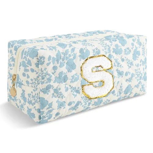 Miniatura 411 de Pequeña bolsa de maquillaje personalizada con inicial A-Z Preppy Patch, bolsa de cosméticos de viaje de felpilla blanca con cremallera, bonita bolsa