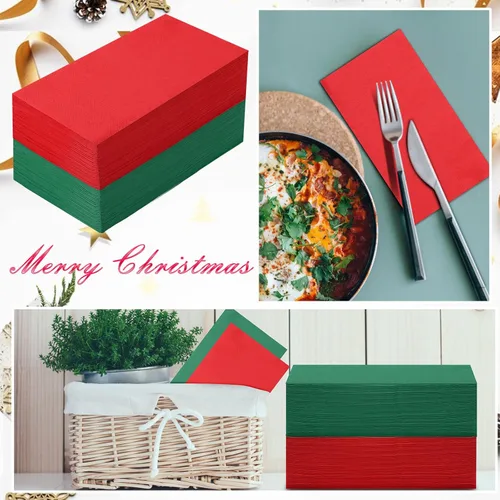 Miniatura 4 de Teling 100 servilletas de papel de Navidad desechables para cena de Navidad, servilletas de cóctel, toallas de mano rojas y verdes para el hogar