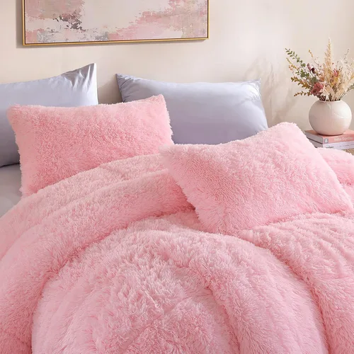 Miniatura 5 de Smoofy Juego de edredón esponjoso de tamaño Full, juego de edredón rosa de piel sintética, juego de ropa de cama mullido de lujo, juego de ropa