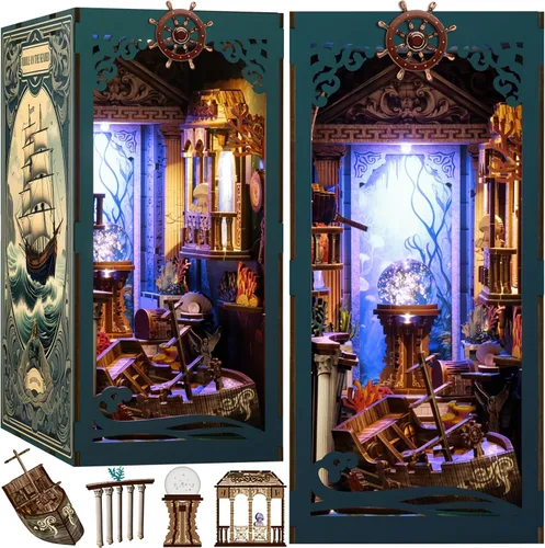 Miniatura 8 de Vaki Vaki Kit de casa en miniatura de jardín colgante con luz LED, kit de rincón de libro con cubierta para cumpleaños, sujetalibros de madera 3D