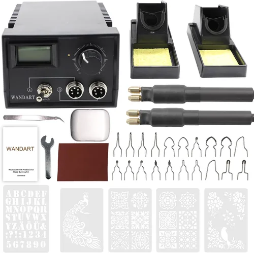 Kit profesional para quemar madera, 60 W, kit de pirografía con doble quemador de madera, 20 puntas de alambre para quemar madera, incluyendo puntas