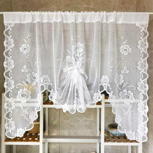 Miniatura 10 de Cenefa de cortina de encaje transparente con bordado floral negro, estilo princesa, estilo princesa, cenefa de cortina bordada en cascada