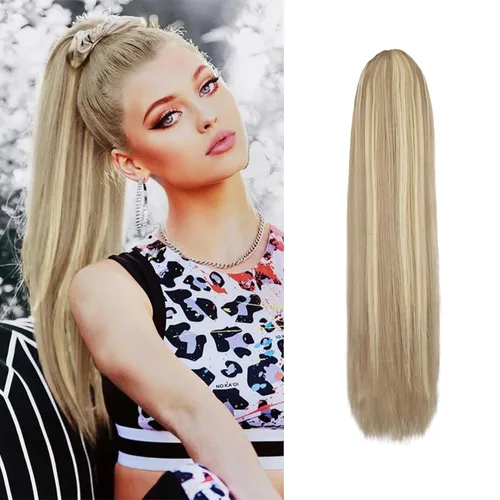 BARSDAR Extensión de cola de caballo corta y recta - Extensiones de pelo con cordón de 16 pulgadas, rubio para mujeres - Extensiones de pelo Rubio