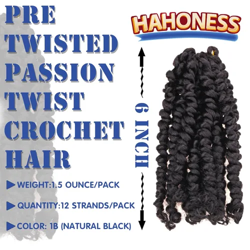 Miniatura 2 de Paquete de 8 paquetes de cabello de ganchillo Passion Twist de 6 pulgadas, rizos bohemios pretrenzados previamente trenzados, negro natural 1B