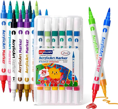 Marcadores de pintura acrílica, 24 colores de pintura acrílica, juego de marcadores acrílicos de doble punta de pincel, bolígrafos de pintura