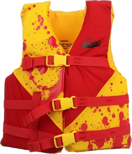 Seachoice Chaleco salvavidas de nivel 70, chaleco barco ajustable de lujo, amarillo brillante y rojo, juvenil, 55-88 libras.