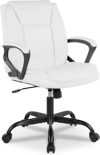 Silla ergonómica de piel sintética con respaldo medio y soporte lumbar, reposabrazos, giratorio giratorio, ajustable para adultos (blanco)