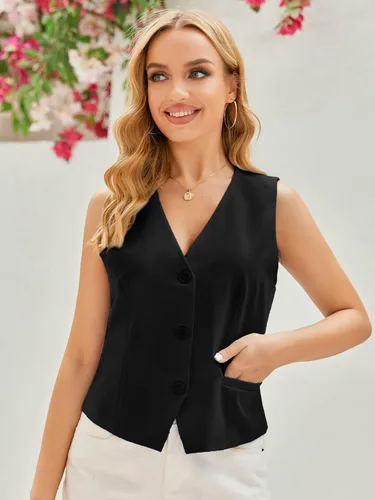 Miniatura 3 de GAMISOTE Chaleco con botones para mujer, estilo vintage, sin mangas, cuello en V, elástico, de gasa, chaleco