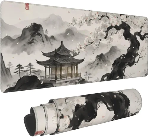 Miniatura 20 de Alfombrilla de mouse para juegos de acuarela japonesa negra y blanca con flor de cerezo de 35.4 x 15.7 pulgadas, XXL extendida, alfombrilla de mouse