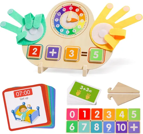 Juguetes de aprendizaje Montessori para niños pequeños de 3, 4 y 5 años, bloques de números de contar dedos y reloj de madera para niños, juguetes