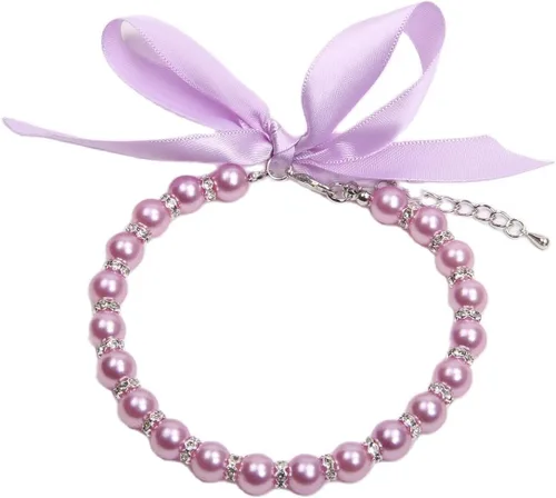 Collar de perlas para perros y gatos con accesorios brillantes y lazo de cinta, joyería para cachorros de mascotas para perros hembras, gatos,