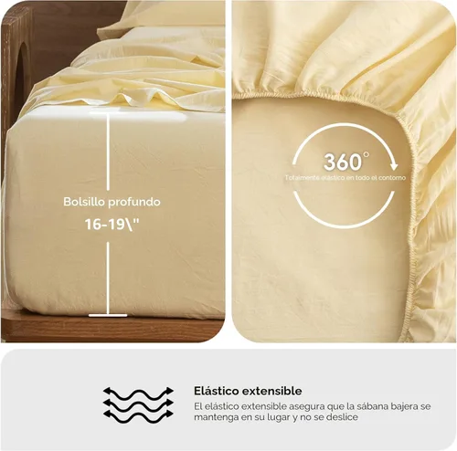 Miniatura 6 de MooMee Juego de sábanas 100% algodón lavado con textura parecida al lino transpirable duradero suave cómodo (jaspeado amarillo mantequilla, Queen)