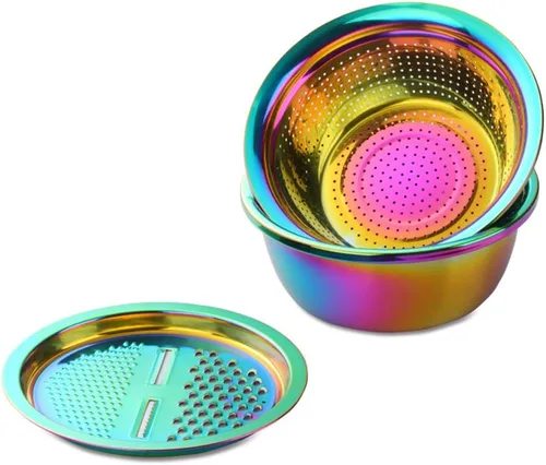 Miniatura 11 de Juego de colador multifuncional 3 en 1, rallador de cocina de acero inoxidable, cesta de drenaje/lavabo inferior para lavar arroz, frutas, verduras