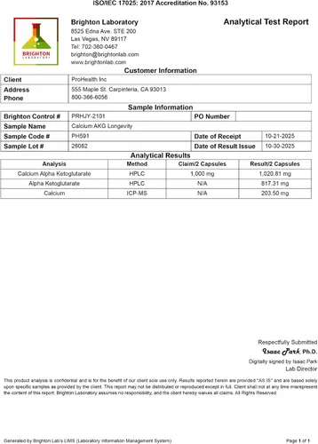 Miniatura 8 de ProHealth, Suplemento de Ca AKG (alfa cetoglutarato) (1,000 mg por porción de 2 cápsulas, 60 cápsulas). Apoya la función metabólica y los procesos