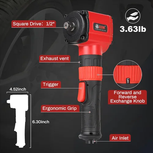 Miniatura 2 de XIIW Llave de impacto angular de 1/2 pulgada, par máximo de 910 pies-libras, diseño compacto y ligero de 3.63 lb, pistola de aire de impacto mini
