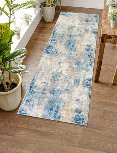 Miniatura 63 de Lahome Alfombra redonda moderna abstracta de 3 pies, color azul, lavable, de 3 x 3 pies, para cocina, entrada, suave, pequeña, antideslizante