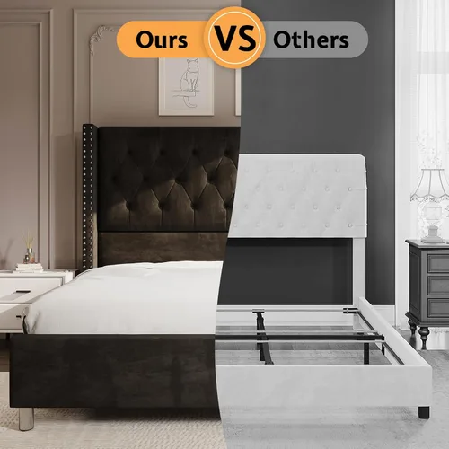 Miniatura 3 de Jocisland Armazón de Cama Queen Tapizada con Cabecero Wingback de Terciopelo Acolchado con Botones en Patrón de Diamante/No Necesita Somier/Fácil
