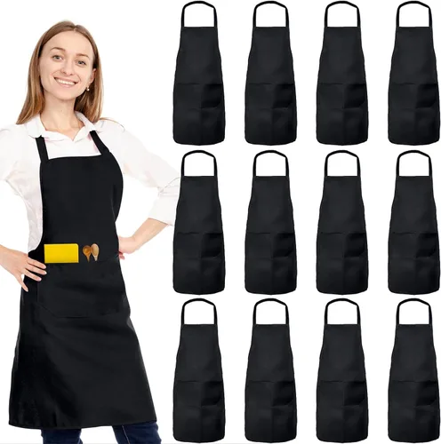 Paquete de 12 delantales con peto, delantales unisex de cocina de restaurante para mujeres con 2 bolsillos, delantales de chef para cocinar,