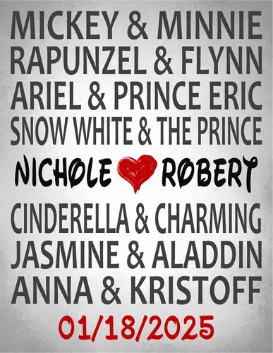 Cartel personalizado con temática de Disney, regalo de boda, lienzo personalizado, parejas de Disney, personalizado para novia y novio, gran regalo