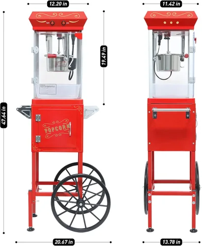 Miniatura 2 de Máquina de palomitas de maíz vintage con carrito, carrito de palomitas de maíz de 6 onzas, máquina para hacer palomitas de maíz con gabinete de Rojo